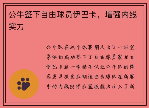 公牛签下自由球员伊巴卡，增强内线实力