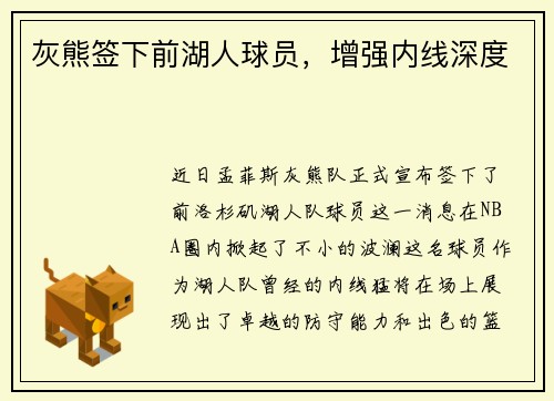 灰熊签下前湖人球员，增强内线深度